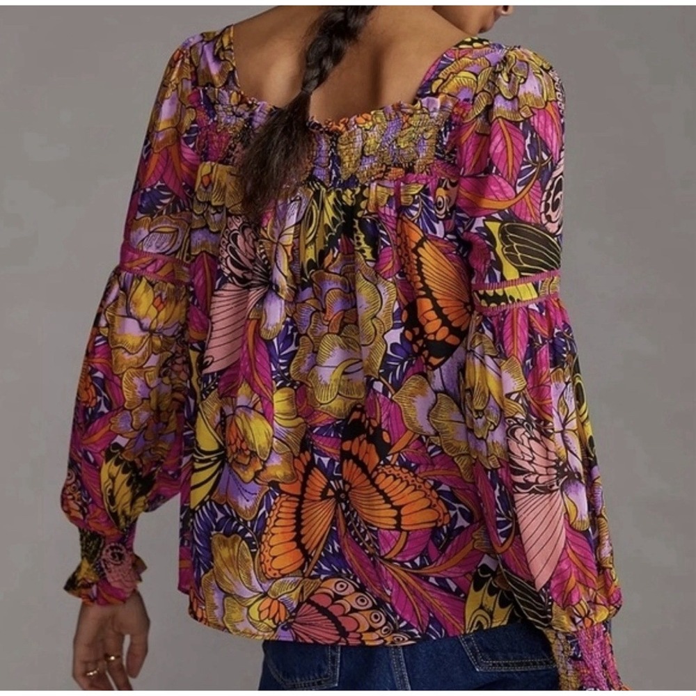 Anthropologie Alexandra Farmer Floral Butterfly Puff Sleeve Blouse Sz XL - Picture 2 of 9